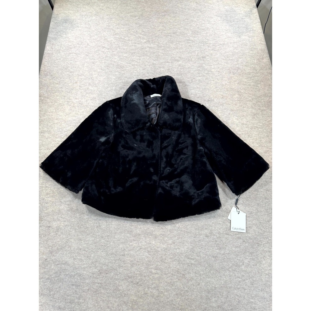 Calvin Klein Faux Fur Cropped Jacket Womens Large Black 3/4 Sleeve CD2R2DCS
